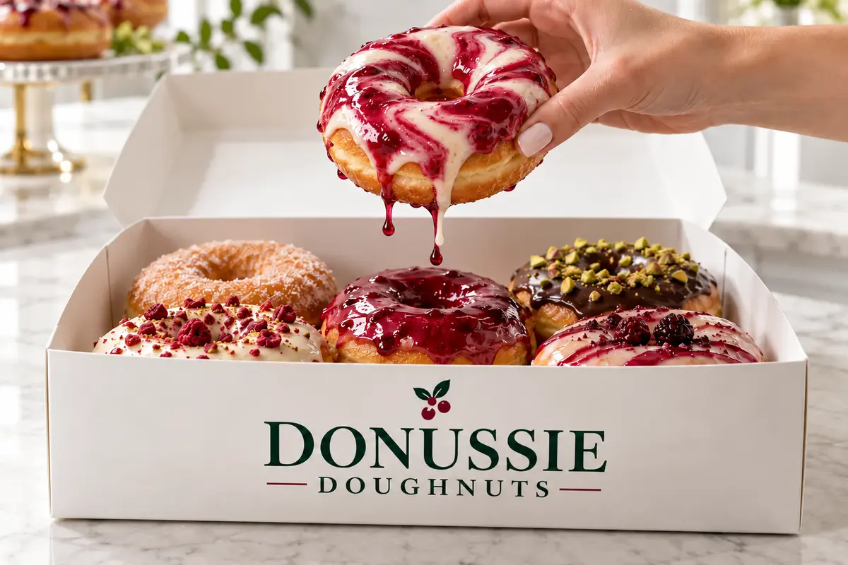 A white-cream and raspberry-iced doughnut being lifted from a Donussie Doughnuts box