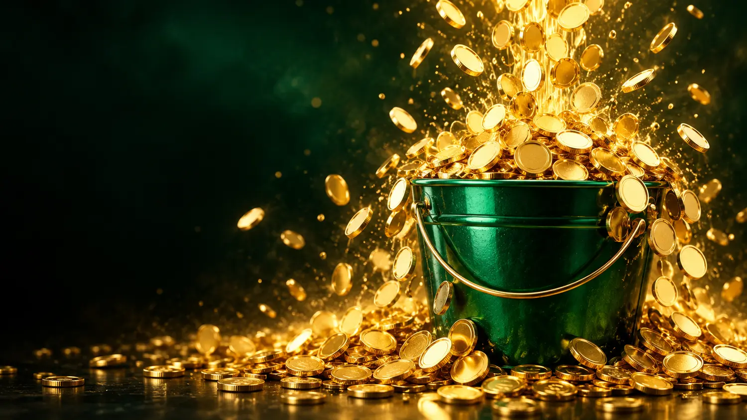 Gold coins cascading into Shake Da Money Maker’s green funding bucket
